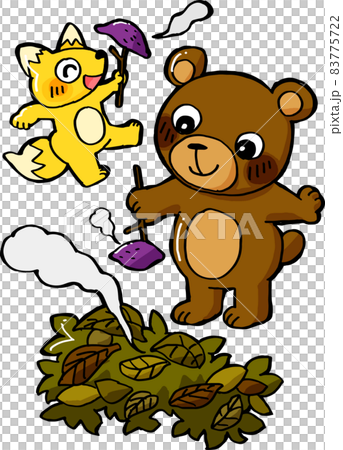 熊和狐狸在篝火上製作和吃烤紅薯 83775722