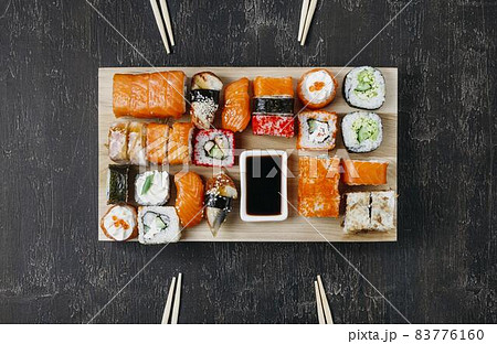 traditional japanese sushi arrangement. High quality beautiful photo concept 83776160