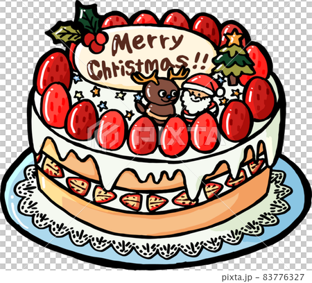 サンタとトナカイの飾りがのっているクリスマスケーキのイラスト素材