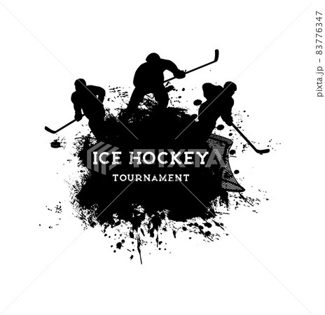 Ice hockey sport grunge poster with hockey players vector black silhouettes. Ice hockey game team players on rink with sticks, pucks, uniform helmets and goal gate, paint brush strokes and splashes 83776347