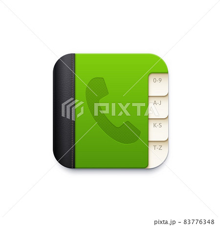 Phone book vector icon of contact app button. Isolated 3d notebook of address book or telephone directory with alphabet index tabs, leather cover and phone tube symbol, web and mobile application 83776348