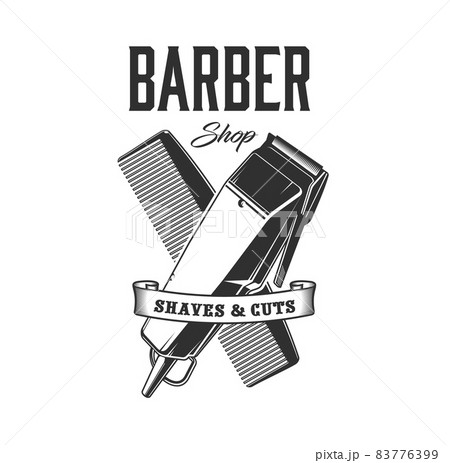 Barbershop shaver or razor and comb icon, vector vintage emblem for shaves and cuts service for men. Haircutting, trim and beard shave retro advert monochrome label for gentlemen salon or barber shop 83776399