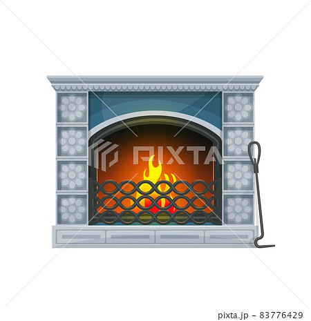 Home interior fireplace with burning fire. Vector traditional indoors chimney of decorative tiling with fire iron and grate. Vintage fireside heating system isolated on white background Home interior fireplace with burning fire. Vector traditional indoors chimney of decorative tiling with fire iron and grate. Vintage fireside heating system isolated on white background 83776429