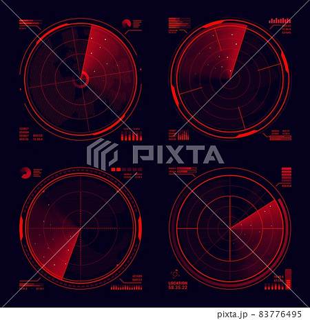 HUD military radar or sonar display of target detection, ui or gui design. Futuristic navigation system vector head up display with red neon radar grids, sight circle, blip signals on black background 83776495