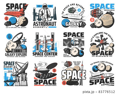 Space exploring expedition, galaxy research retro icons. Radio telescopes, astronaut and shuttle spacecraft, planets and satellites, rover engraved vector. Space academy, flight center emblems set Space exploring expedition, galaxy research retro icons. Radio telescopes, astronaut and shuttle spacecraft, planets and satellites, rover engraved vector. Space academy, flight center emblems set 83776512