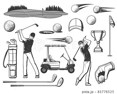 Golfer with club, golf sport items. Golf game sport equipment, course and players uniform monochrome vector icons set. Golf cart, flying ball, iron and fairway clubs, cap, winner goblet and flagstick Golfer with club, golf sport items. Golf game sport equipment, course and players uniform monochrome vector icons set. Golf cart, flying ball, iron and fairway clubs, cap, winner goblet and flagstick 83776525