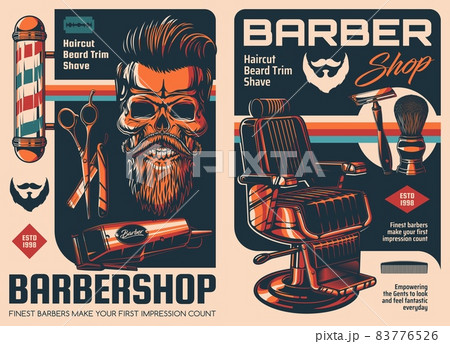 Barbershop vintage posters with skull beard and mustaches, vector. Barber shop retro posters or men haircut salon pole signs with barber chair for beard shaving, razor blade and hair trimmer Barbershop vintage posters with skull beard and mustaches, vector. Barber shop retro posters or men haircut salon pole signs with barber chair for beard shaving, razor blade and hair trimmer 83776526