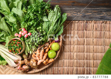 Fresh organic Southeast Asian vegetables and spices from local farmer market, Thailand 83777788