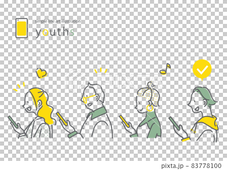 一組 4 位年輕人舒適地使用智能手機 簡單而時尚的線條畫插圖 一組 4 位年輕人舒適地使用智能手機 簡單而時尚的線條畫插圖 83778100