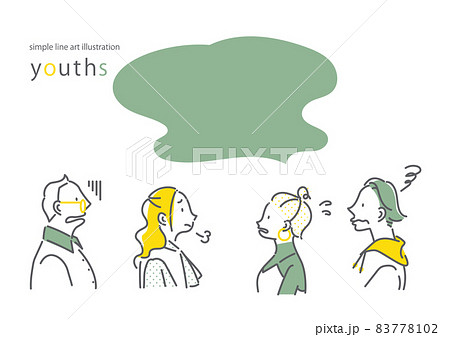 困る若者4人セット シンプルでお洒落な線画イラストのイラスト素材