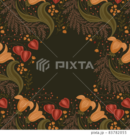 Card with autumn pattern with flowers, berries, physalis and place for text. Card with floral ornament on dark background. Vector natural template 83782055