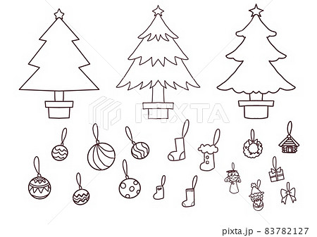 クリスマスツリーとオーナメント 白黒のイラスト素材 7127