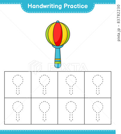 Handwriting practice. Tracing lines of Baby Rattle. Educational children game, printable worksheet, vector illustration Handwriting practice. Tracing lines of Baby Rattle. Educational children game, printable worksheet, vector illustration 83782230