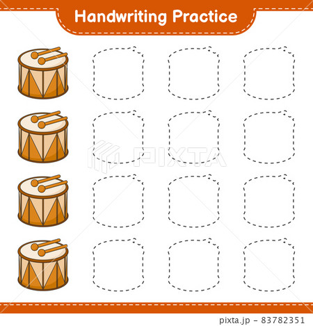Handwriting practice. Tracing lines of Drum. Educational children game, printable worksheet, vector illustration Handwriting practice. Tracing lines of Drum. Educational children game, printable worksheet, vector illustration 83782351