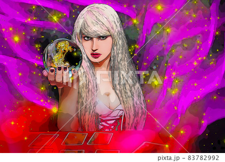 Psychic with blond hair Crystal Ball and tarot cards with galaxy background Psychic with blond hair Crystal Ball and tarot cards with galaxy background 83782992
