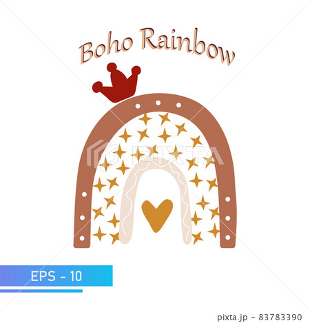 Scandinavian boho rainbow with red crown in simple soft colors for nursery room decor. Isolated on a white background. Vector illustration. Scandinavian boho rainbow with red crown in simple soft colors for nursery room decor. Isolated on a white background. Vector illustration. 83783390