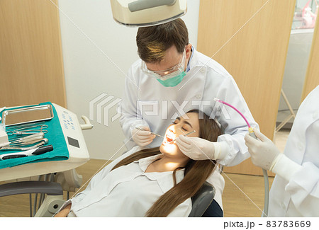 A dentist checking up Asian woman patient's teeth by using dental mouth mirror at hospital clinic. Teeth check up with dental tools. Doctor. Dentistry, medical and health. People. 83783669