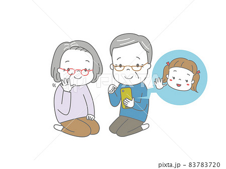 孫とビデオ通話を楽しむおじいさん、おばあさん 83783720