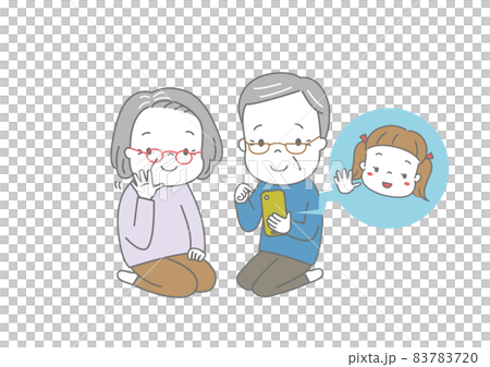 孫とビデオ通話を楽しむおじいさん、おばあさん 83783720