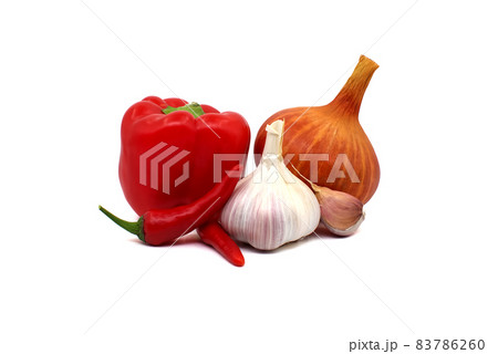 Fresh garlic, onion, red sweet and chilli peppers 83786260