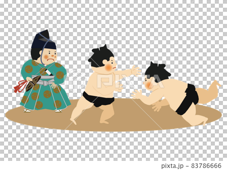 スポーツのイラスト素材。 相撲のクリップアート。 力士と行司。土俵。国技館のイメージ。 83786666