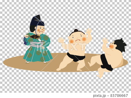 Illustration material for sports. Sumo clip art. Wrestlers and Gyoji. Dohyo. Image of Kokugikan. 83786667