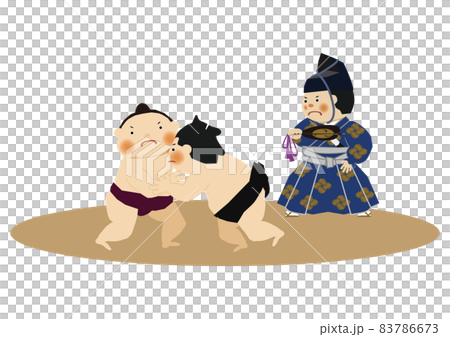 スポーツのイラスト素材。 相撲のクリップアート。 力士と行司。土俵。国技館のイメージ。 83786673