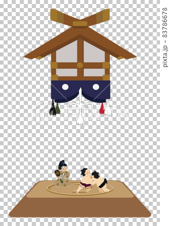 スポーツのイラスト素材。 相撲のクリップアート。 力士と行司。土俵。国技館のイメージ。 83786678