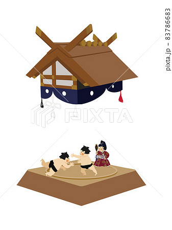 スポーツのイラスト素材。 相撲のクリップアート。 力士と行司。土俵。国技館のイメージ。 83786683