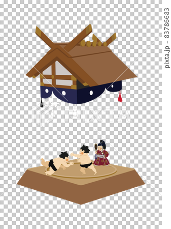 體育插圖素材。相撲剪貼畫。摔跤手和行治。道孝。國技館的形象。 83786683