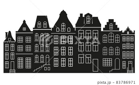 Silhouette of a row Amsterdam style houses. Facades of European old buildings for Christmas decoration. Vector Silhouette of a row Amsterdam style houses. Facades of European old buildings for Christmas decoration. Vector 83786971