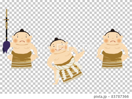 スポーツのイラスト素材。 相撲のクリップアート。 力士と行司。土俵。国技館のイメージ。 土俵入り。横 83787366