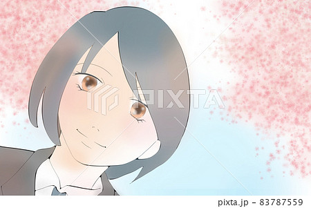 桜を背景に微笑む女の子のイラストのイラスト素材