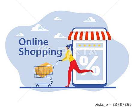 woman shop online store on laptop mobile after promo purchase marketing illustration woman shop online store on laptop mobile after promo purchase marketing illustration 83787869