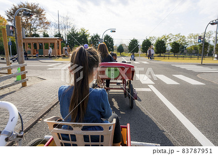 金川の森でサイクルカートに乗る女の子 83787951