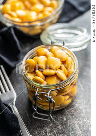 Pickled yellow Lupin Beans in jar. Pickled yellow Lupin Beans in jar. 83788263