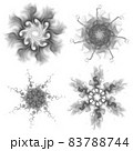 Set of four black snowflakes on a white background. Abstract computer generated fractal image of a snowflake. Illustration, isolate. 83788744