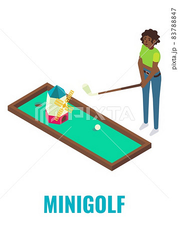 Woman playing mini golf arcade game, vector isometric illustration. Game club attractions, fun activities, entertainment 83788847