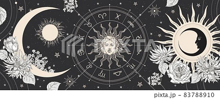 Black magic banner for astrology, fortune telling, horoscopes. Space background. Black magic banner for astrology, fortune telling, horoscopes. Space background. 83788910
