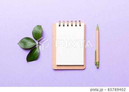 eco-friendly Empty notebook with pen and green leaf on Colored background for note eco-friendly Empty notebook with pen and green leaf on Colored background for note 83789402