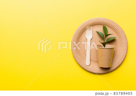 set of empty reusable disposable eco-friendly plates, cups, utensils on light white colored table background. top view. Biodegradable craft dishes. Recycling concept. Close-up set of empty reusable disposable eco-friendly plates, cups, utensils on light white colored table background. top view. Biodegradable craft dishes. Recycling concept. Close-up 83789405
