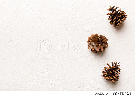 Christmas pine cones on colored paper border composition. Christmas, New Year, winter concept. Flat lay, top view, copy space 83789413