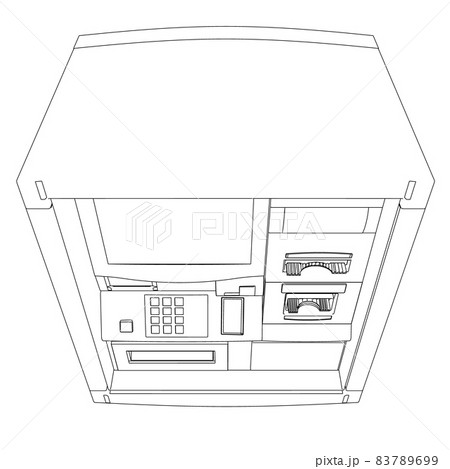 Outline of an ATM machine for dispensing cash from black lines isolated on a white background. View from above. Vector illustration 83789699