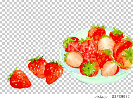 ガラスの器に盛ったイチゴ （とちおとめ）断面あり【水彩イラスト】白バック コピースペースあり PNG 83789982