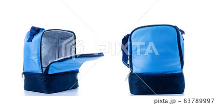 Delivery bag set. Blue camping freezer collection, cooler box for cold lunch food isolated on white background. Delivery bag for for office, school, university or travel. 83789997