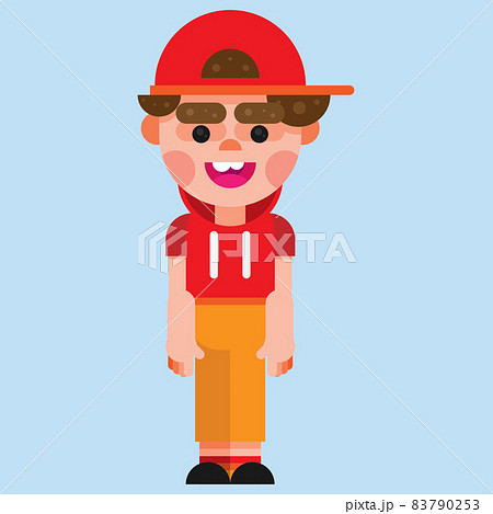 Happy cute little kid boy standing and wearing hoodie and cap. Flat style boy is standing in clothes and shoes. vector illustration Happy cute little kid boy standing and wearing hoodie and cap. Flat style boy is standing in clothes and shoes. vector illustration 83790253