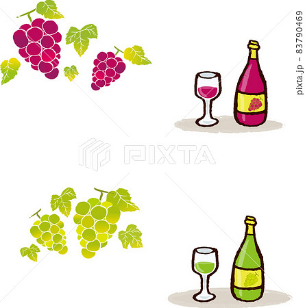 イラスト素材 手描き線のかわいい赤ワイン白ワイン 2色セット 白背景のイラスト素材