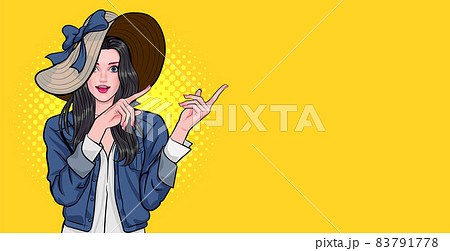 smiling woman with big hat looking and point her hand smiling woman with big hat looking and point her hand 83791778