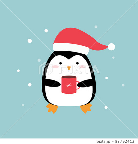 Cute cartoon Christmas penguin with a cup 83792412