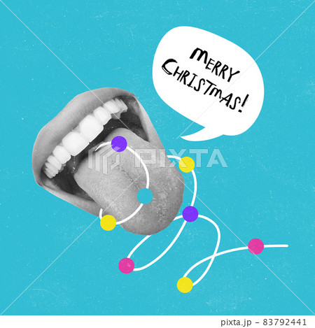 Contemporarty art collage of female mouth joyfully wishing merry happy holidays isolated over blue background. Christmas and New Year concept Contemporarty art collage of female mouth joyfully wishing merry happy holidays isolated over blue background. Christmas and New Year concept 83792441